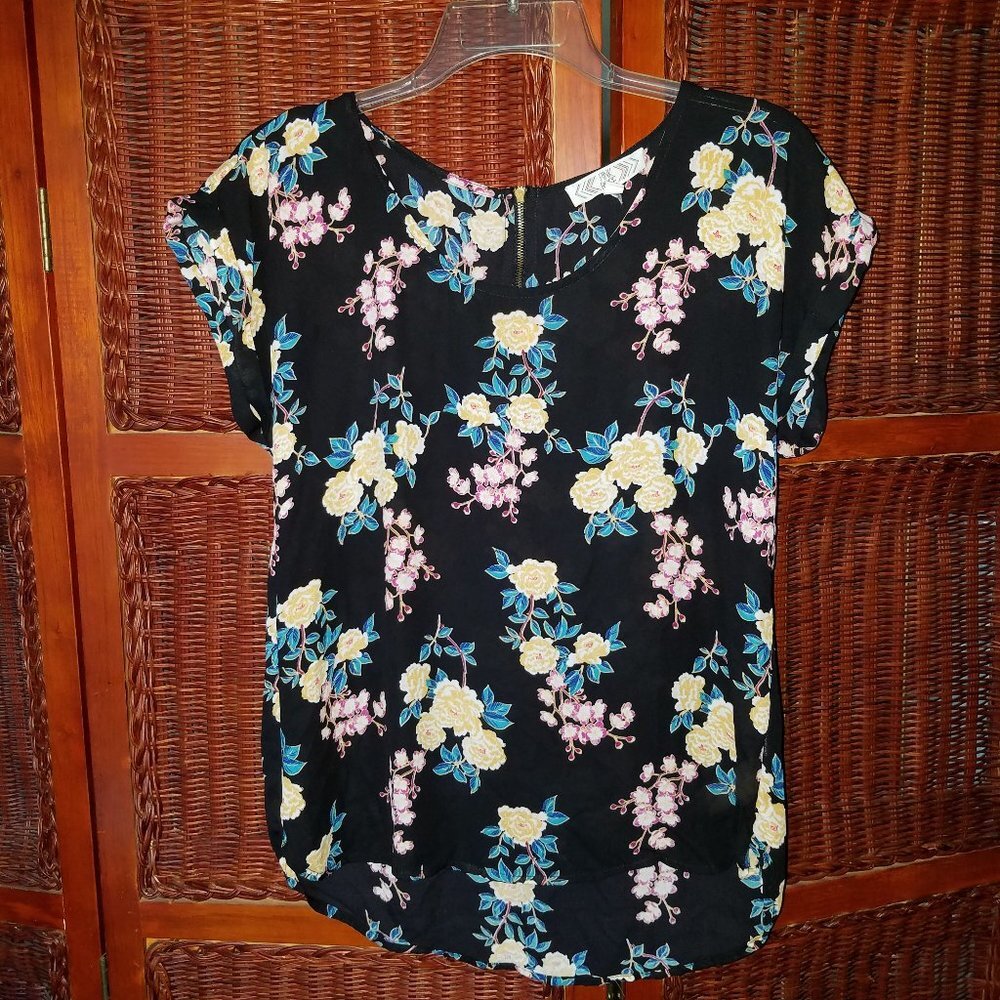 Pink Rose Beautiful Black Yellow Floral Sheer Cap Sleeve Blouse Medium